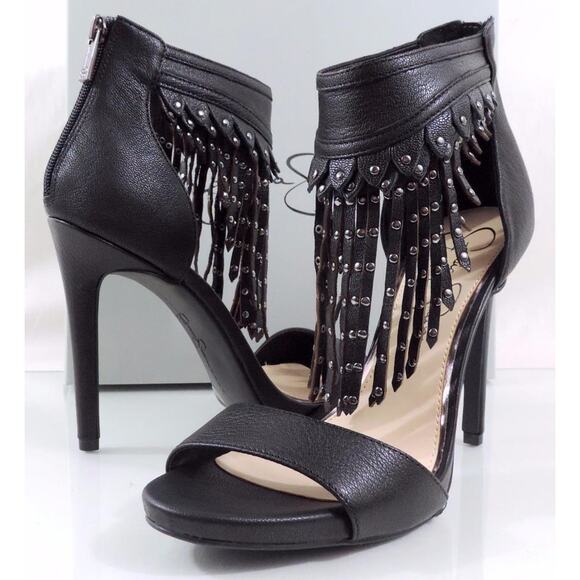 Jessica Simpson Reiko Studded Fringe Platform Heels Sandal Leather Black Size 11 - Picture 3 of 7